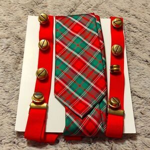 Christmas Rizz St. Nicholas Tartan Plaid Silk Necktie & jingle bells suspenders